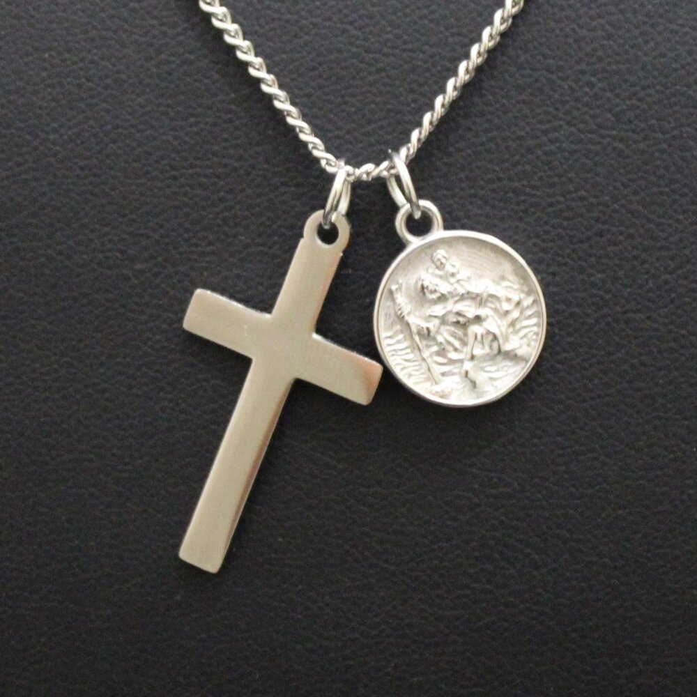 Silver Cross & Saint Christopher Pendant Set